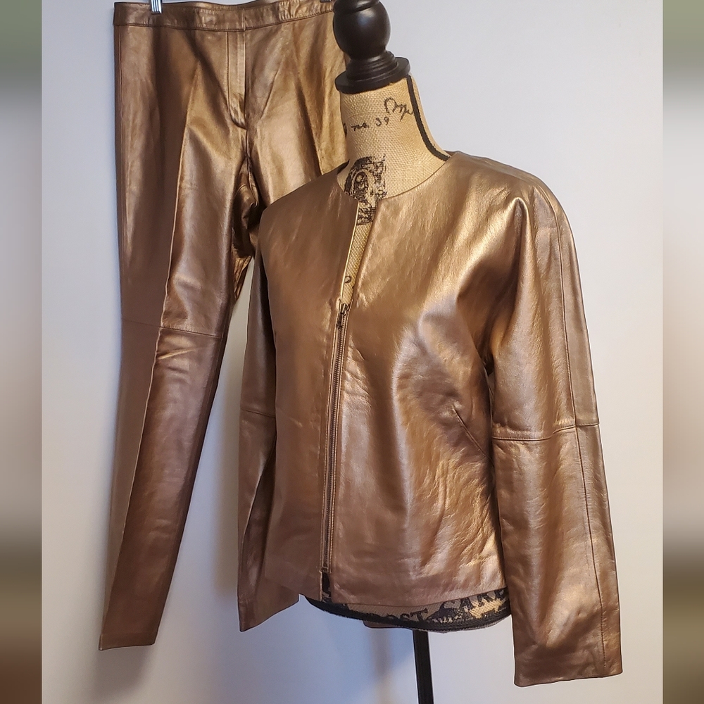 Vintage 5|48 Copper Metallic Leather Jacket and Pant 2 Pice Set Size 12